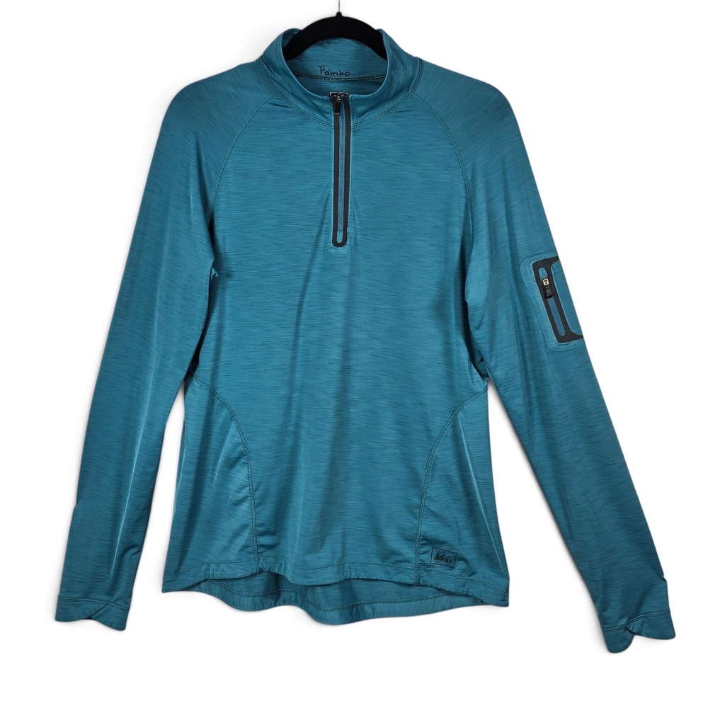 REI Pullover Womens Laege 1/4 Zip Teal Blue Arm Pocket Active Hiking Layering
